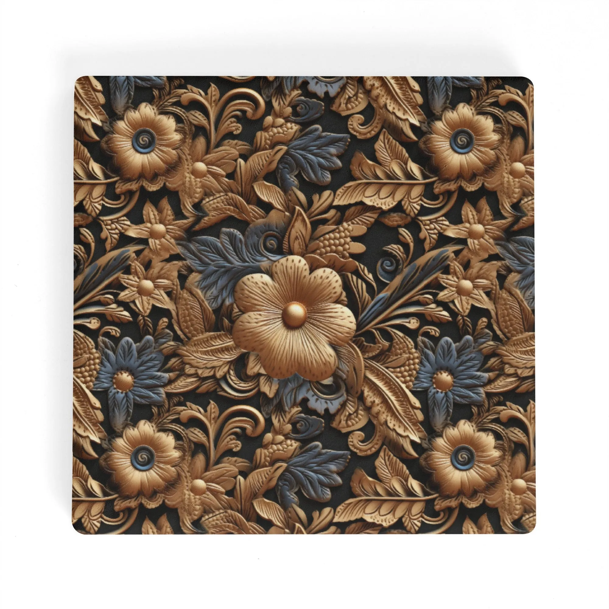 Tooled Leather Gold Flowers with Blue Leaves Accent Print Design Square Ceramic Coasters - Set of 4