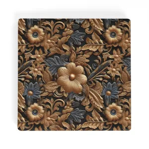 Tooled Leather Gold Flowers with Blue Leaves Accent Print Design Square Ceramic Coasters - Set of 4