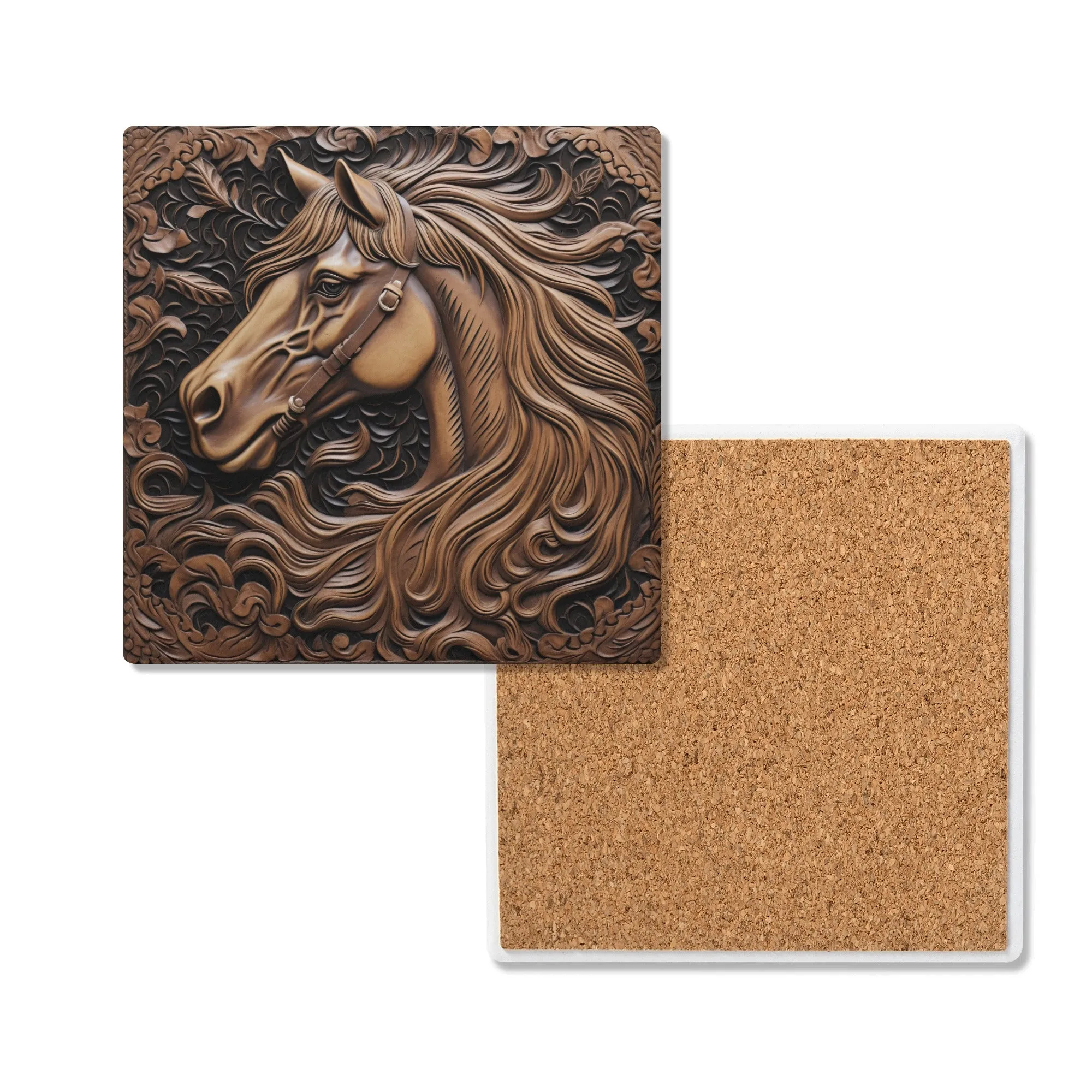 Tooled Leather Horse Head Design Print Square Ceramic Coasters - Set of 4