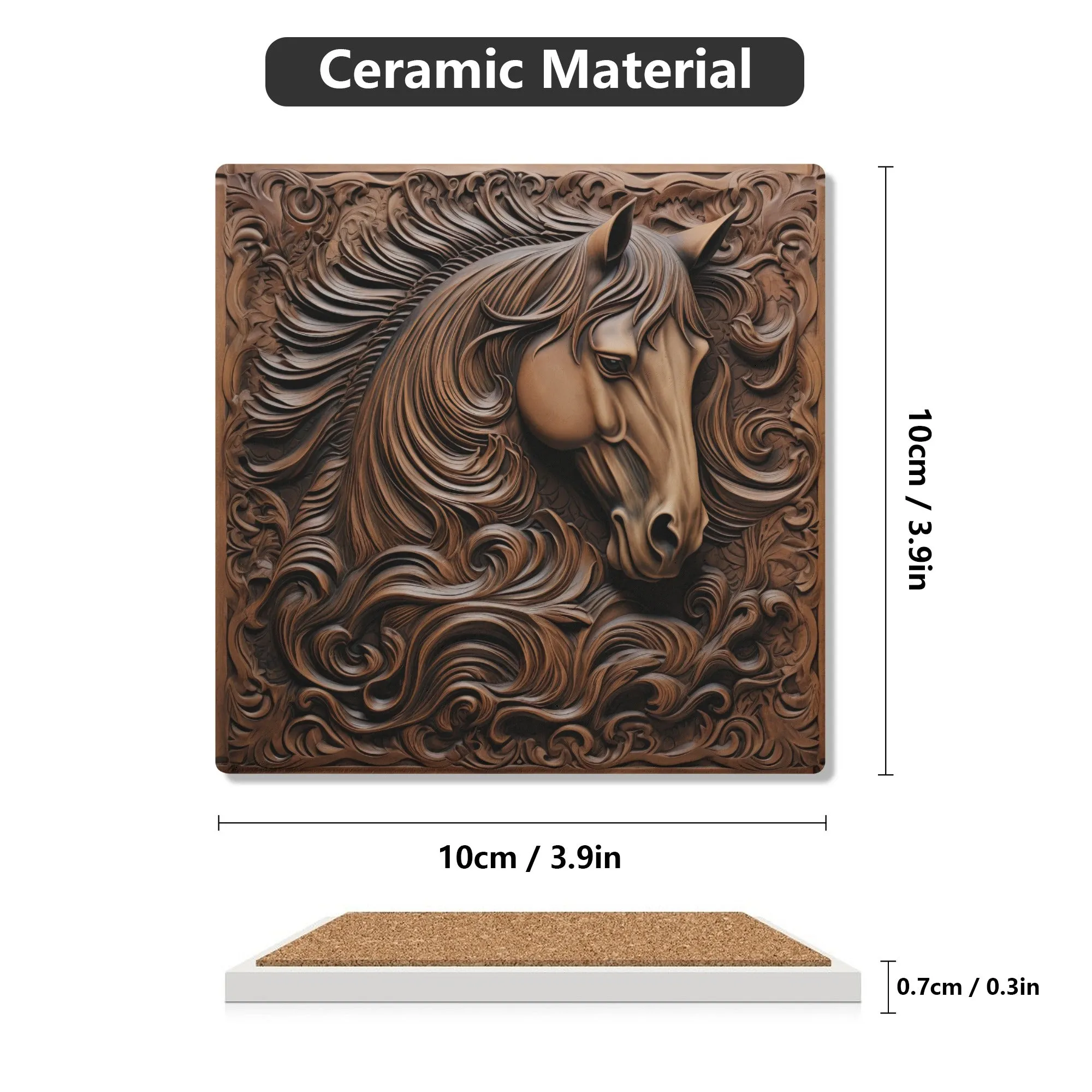 Tooled Leather Horse Head Filigree Design Print Square Ceramic Coasters - Set of 4