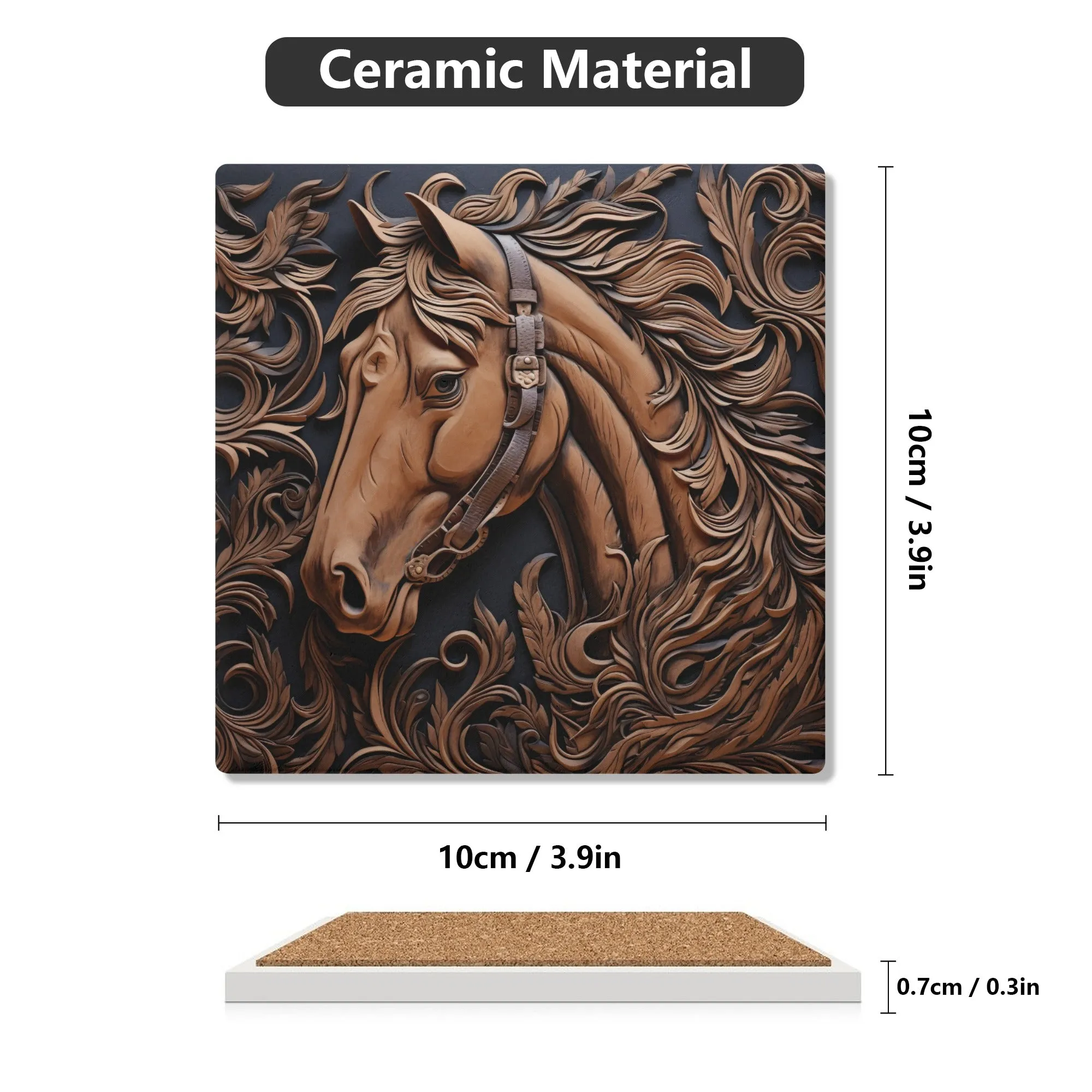 Tooled Leather Horse Head Flowing Main and Filigree Design Print Square Ceramic Coasters - Set of 4