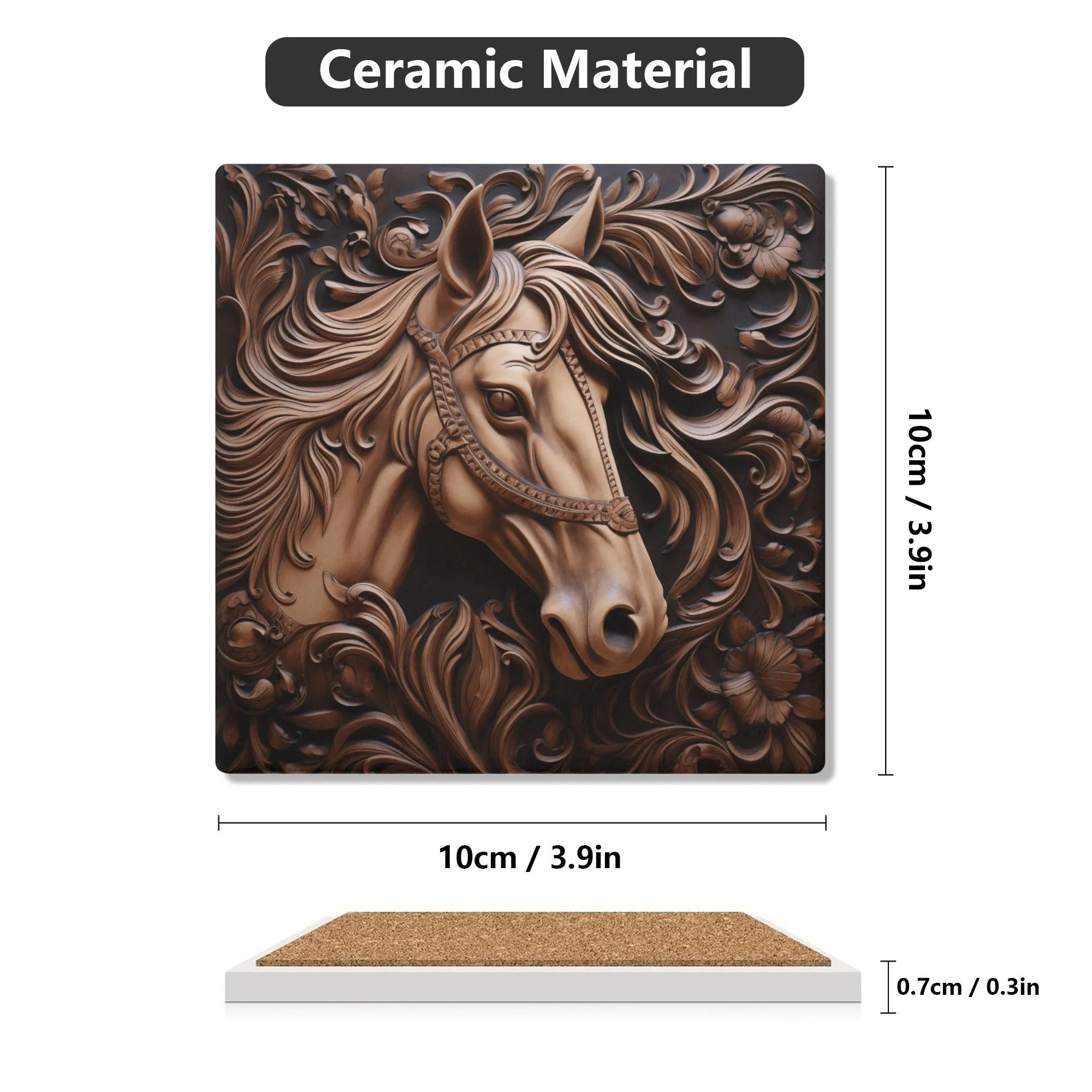Tooled Leather Horse Head With Flowers Design Print Square Ceramic Coasters - Set of 4