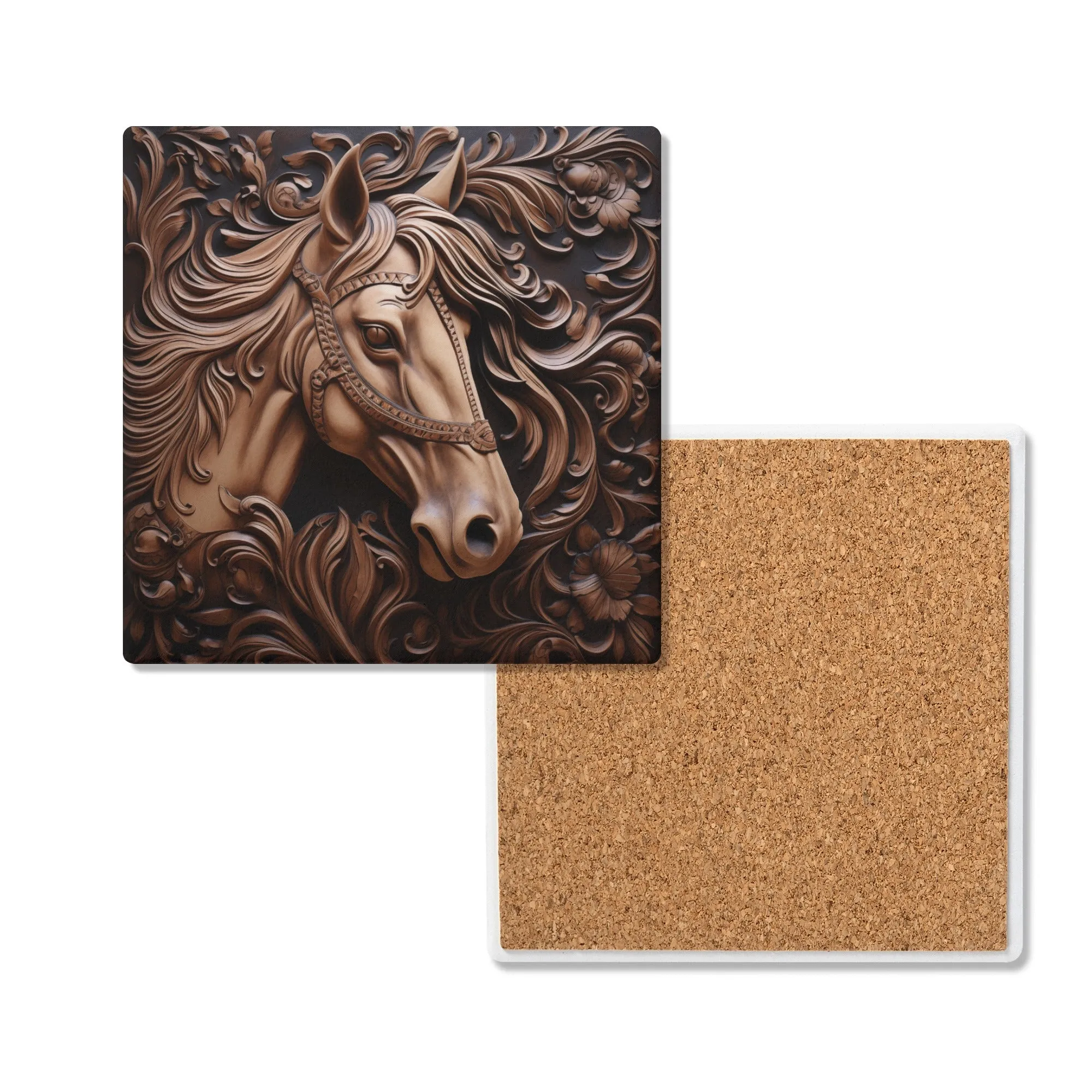 Tooled Leather Horse Head With Flowers Design Print Square Ceramic Coasters - Set of 4