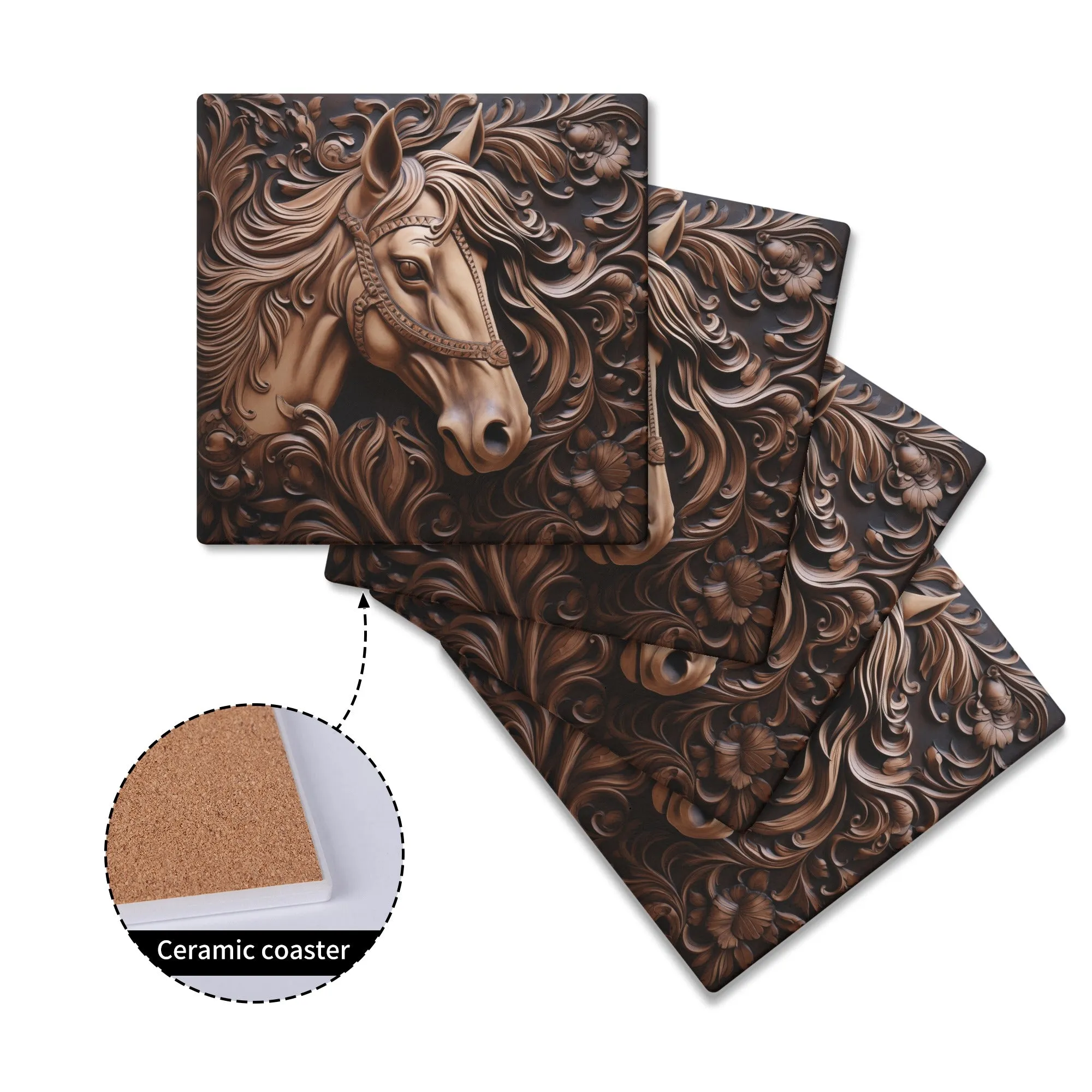 Tooled Leather Horse Head With Flowers Design Print Square Ceramic Coasters - Set of 4