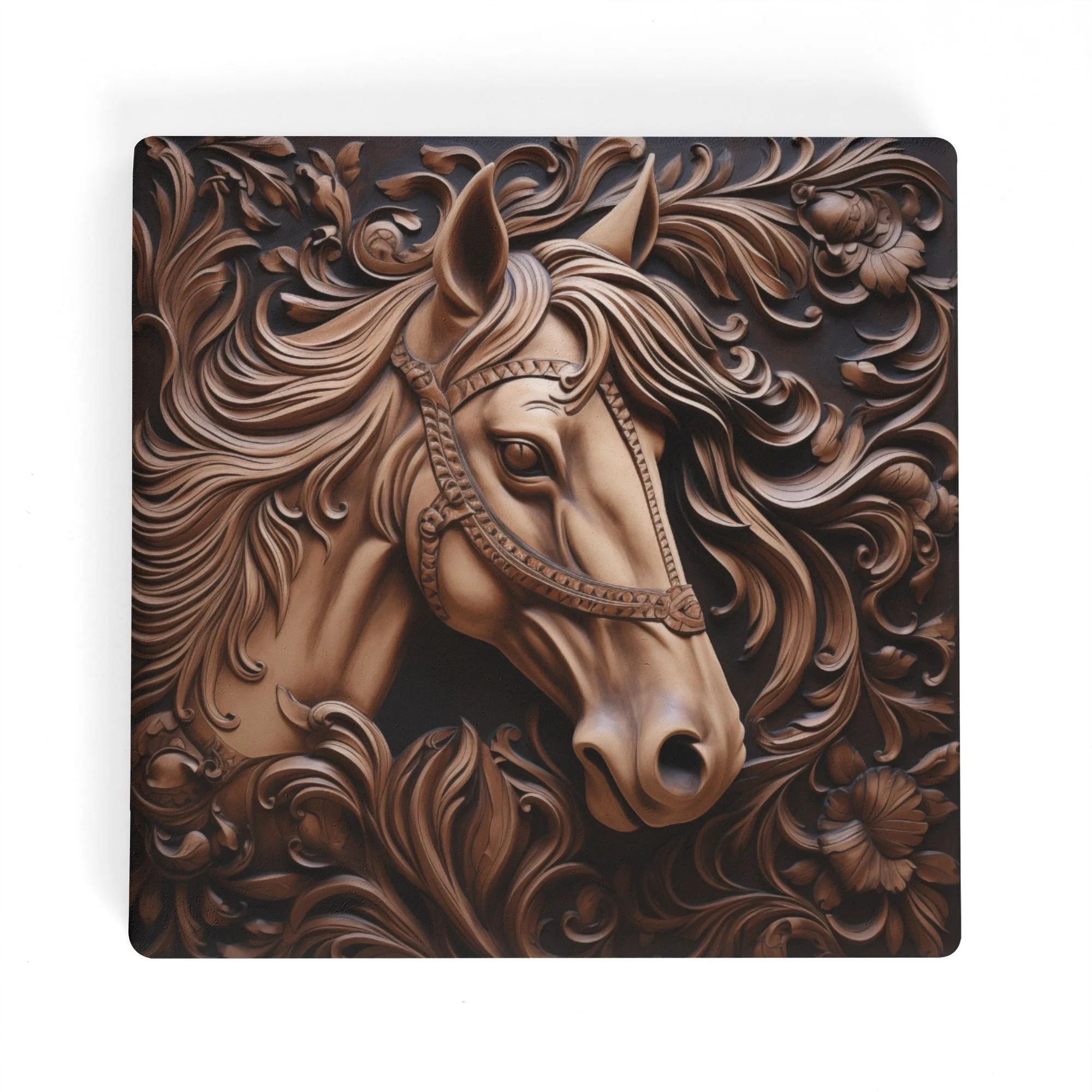 Tooled Leather Horse Head With Flowers Design Print Square Ceramic Coasters - Set of 4