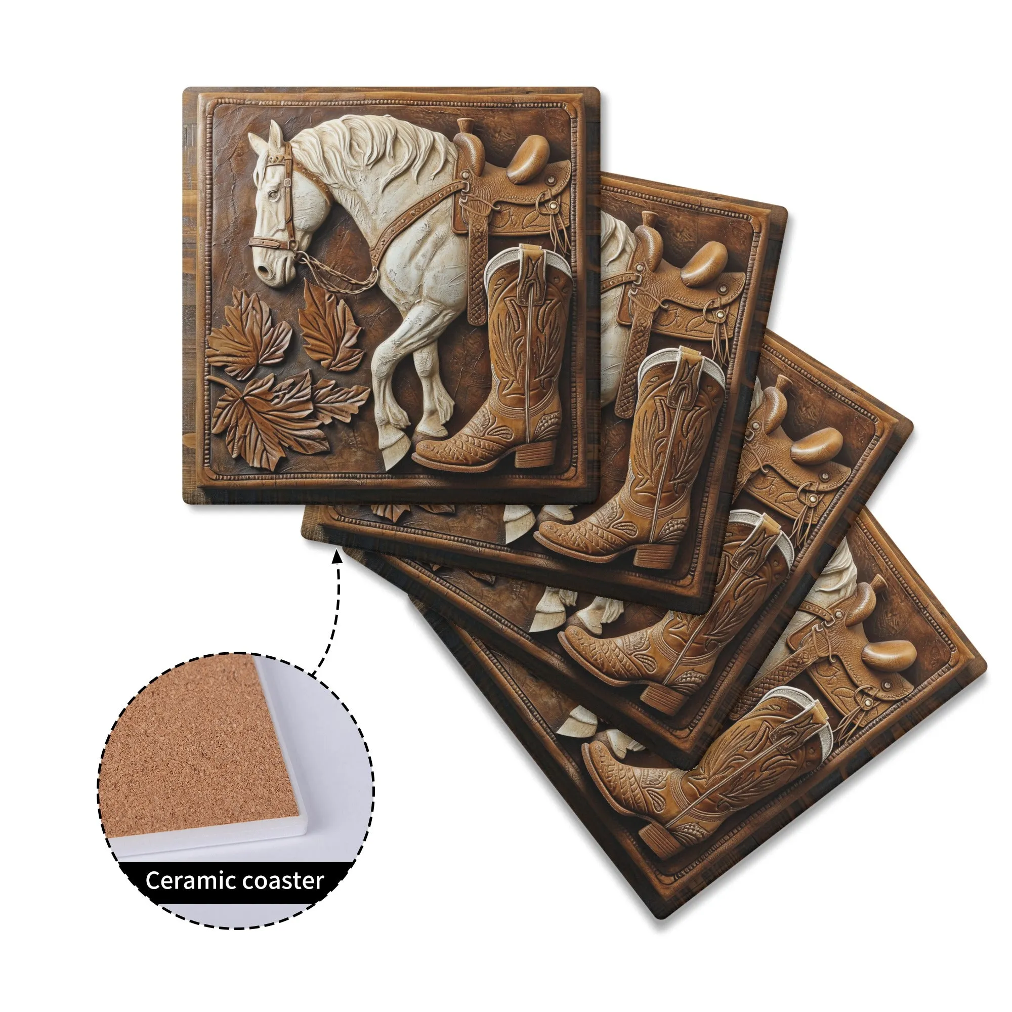 Tooled Leather Horse With Saddle Boots and Leaves Design Print Square Ceramic Coasters - Set of 4