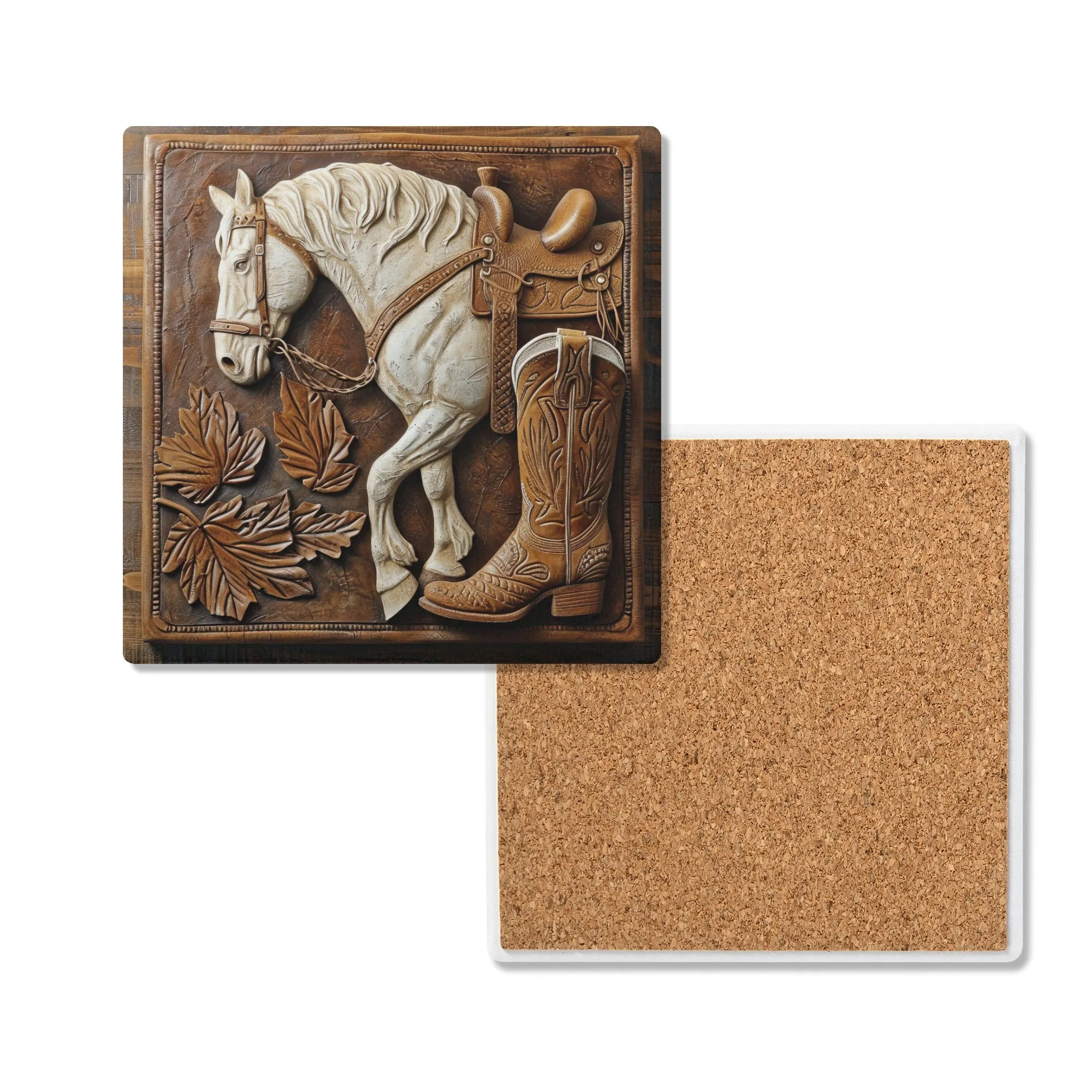 Tooled Leather Horse With Saddle Boots and Leaves Design Print Square Ceramic Coasters - Set of 4