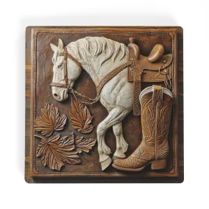 Tooled Leather Horse With Saddle Boots and Leaves Design Print Square Ceramic Coasters - Set of 4