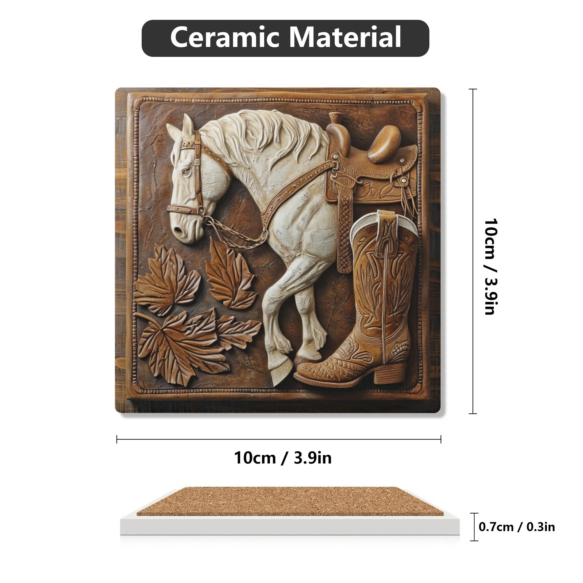 Tooled Leather Horse With Saddle Boots and Leaves Design Print Square Ceramic Coasters - Set of 4