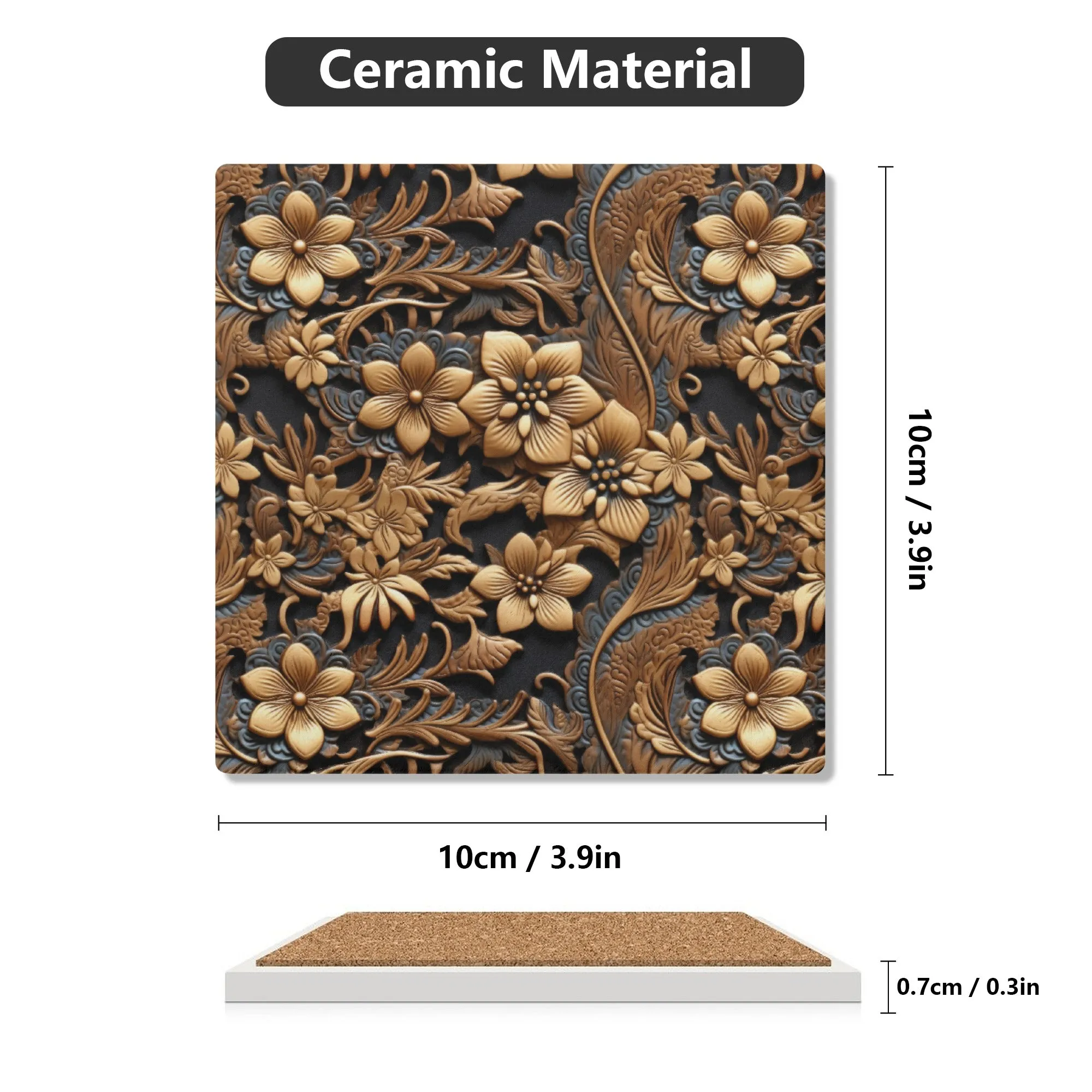 Tooled Leather Large Gold Flowers with Blue Swirl Accents Print Design Square Ceramic Coasters - Set of 4