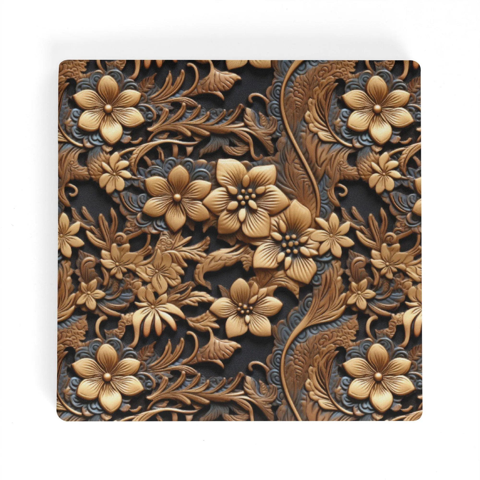 Tooled Leather Large Gold Flowers with Blue Swirl Accents Print Design Square Ceramic Coasters - Set of 4