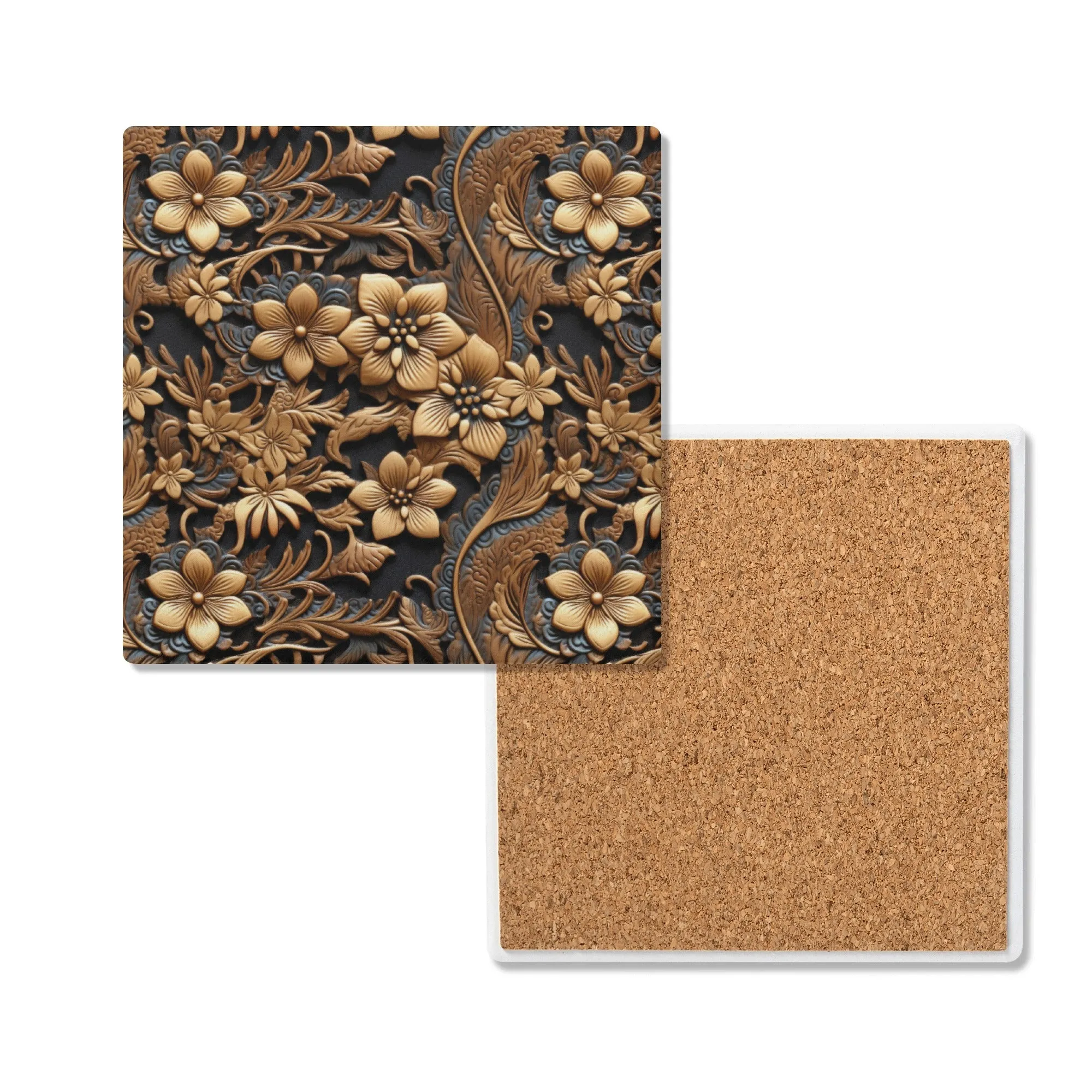Tooled Leather Large Gold Flowers with Blue Swirl Accents Print Design Square Ceramic Coasters - Set of 4