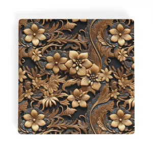 Tooled Leather Large Gold Flowers with Blue Swirl Accents Print Design Square Ceramic Coasters - Set of 4