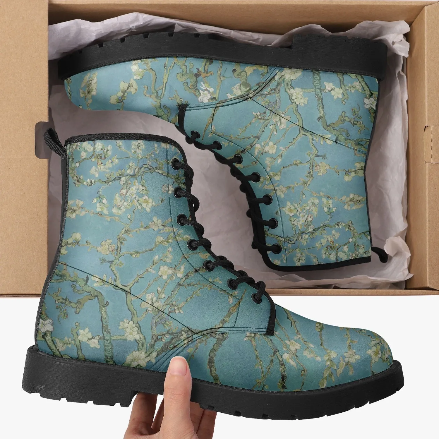 Van Gogh Almond Blossom Vegan Leather Combat Boots (JPREG33)
