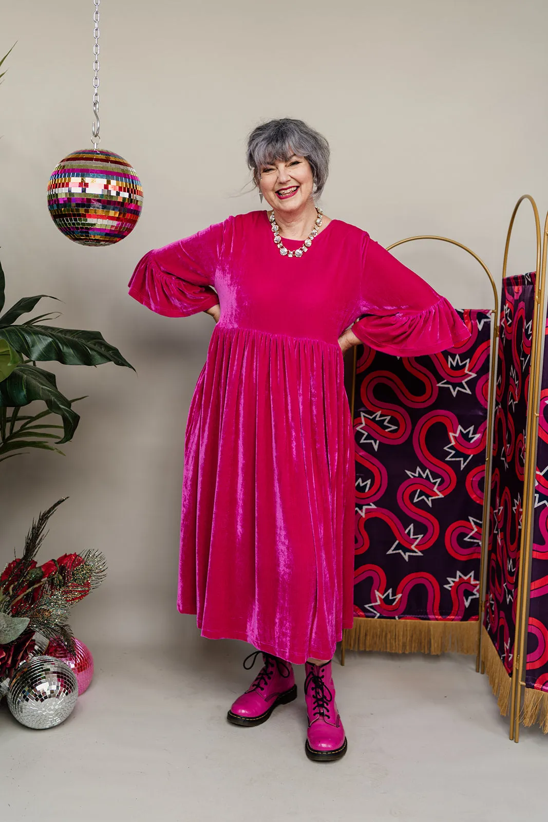 Velvet Ruffle Smock Dress in Bright Pink