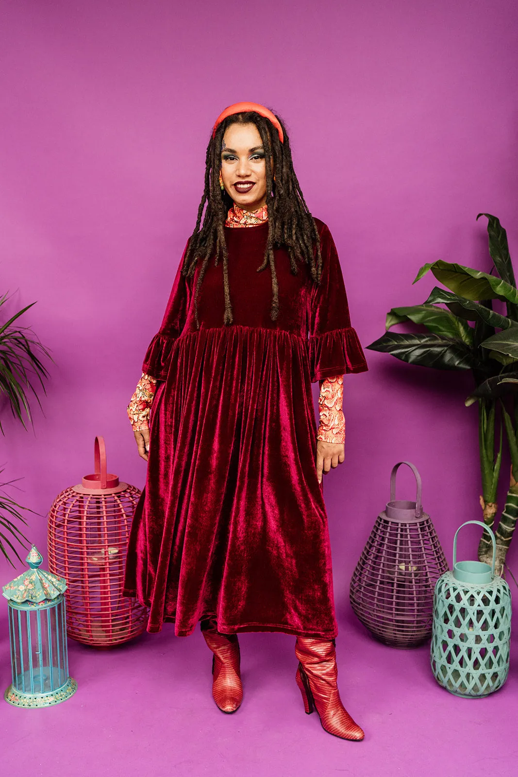 Velvet Ruffle Smock Dress in Burgundy