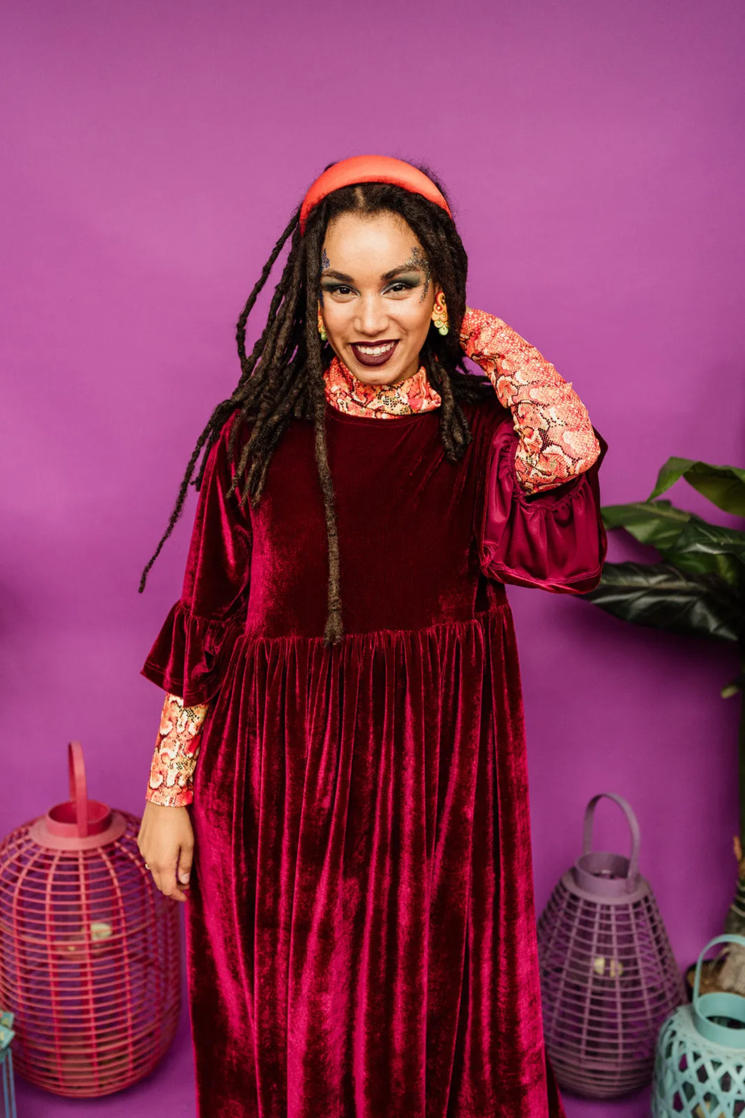 Velvet Ruffle Smock Dress in Burgundy