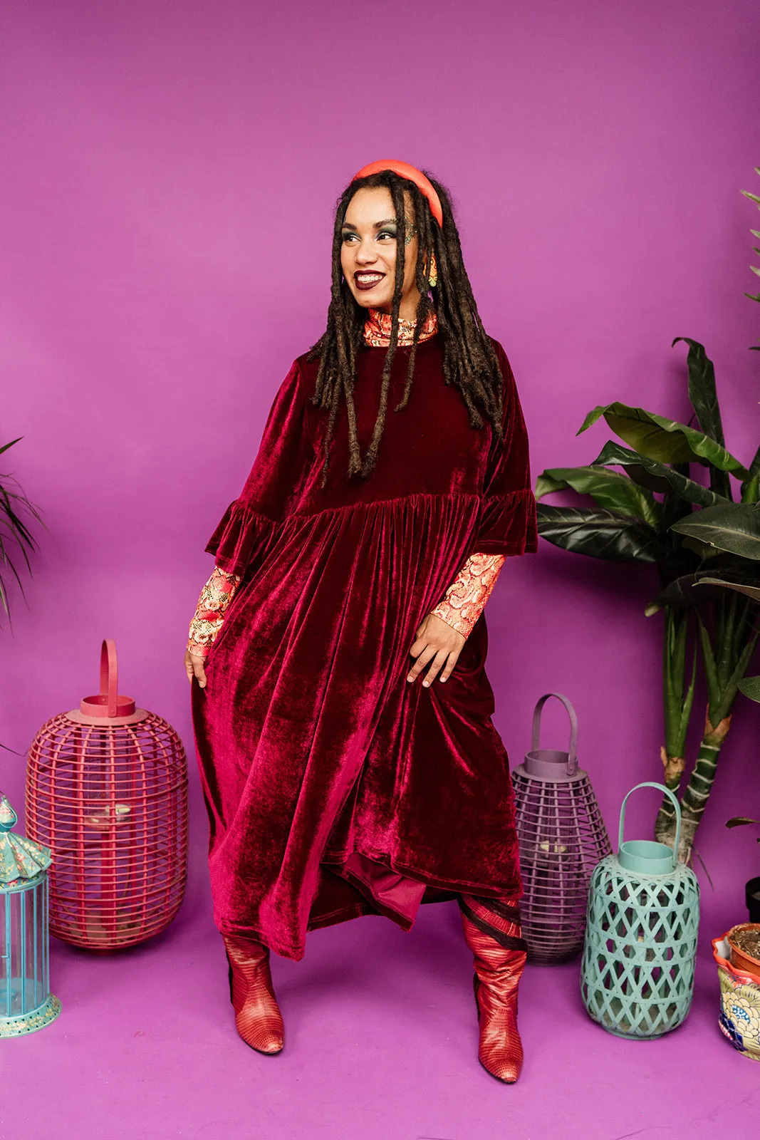 Velvet Ruffle Smock Dress in Burgundy
