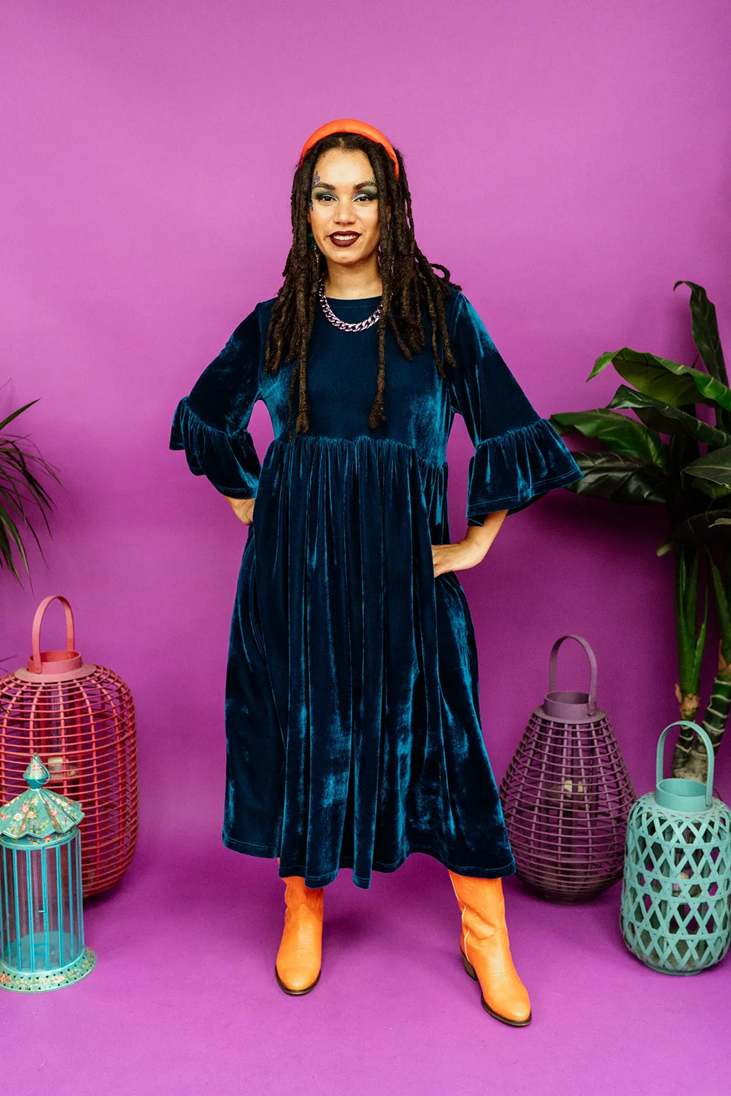 Velvet Ruffle Smock Dress in Teal
