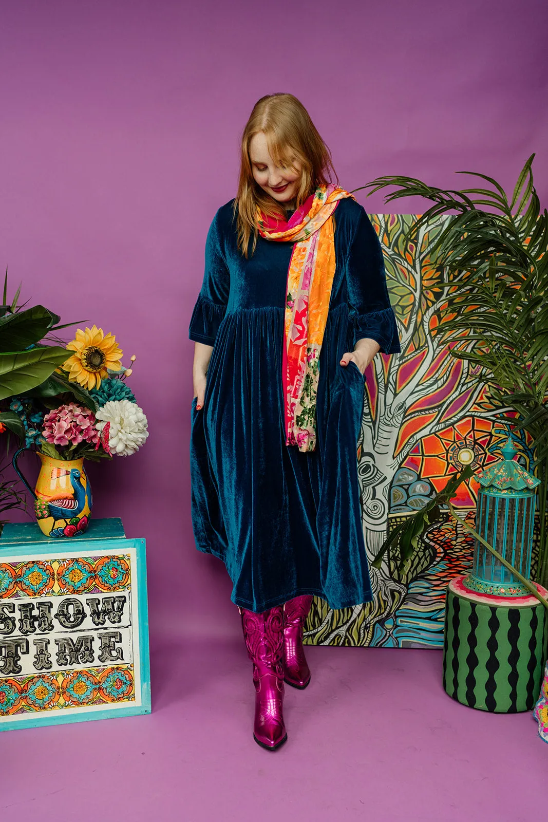 Velvet Ruffle Smock Dress in Teal