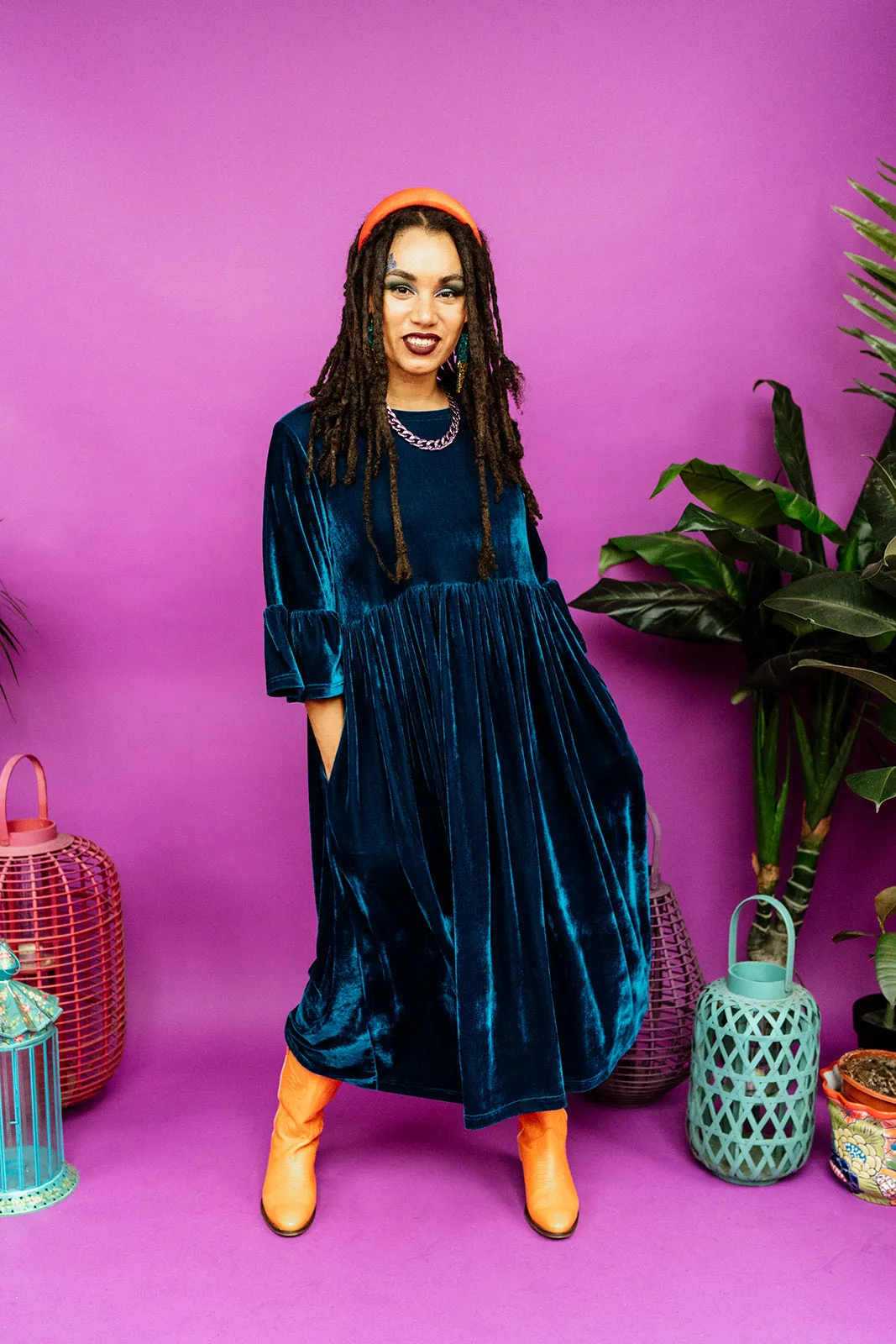 Velvet Ruffle Smock Dress in Teal