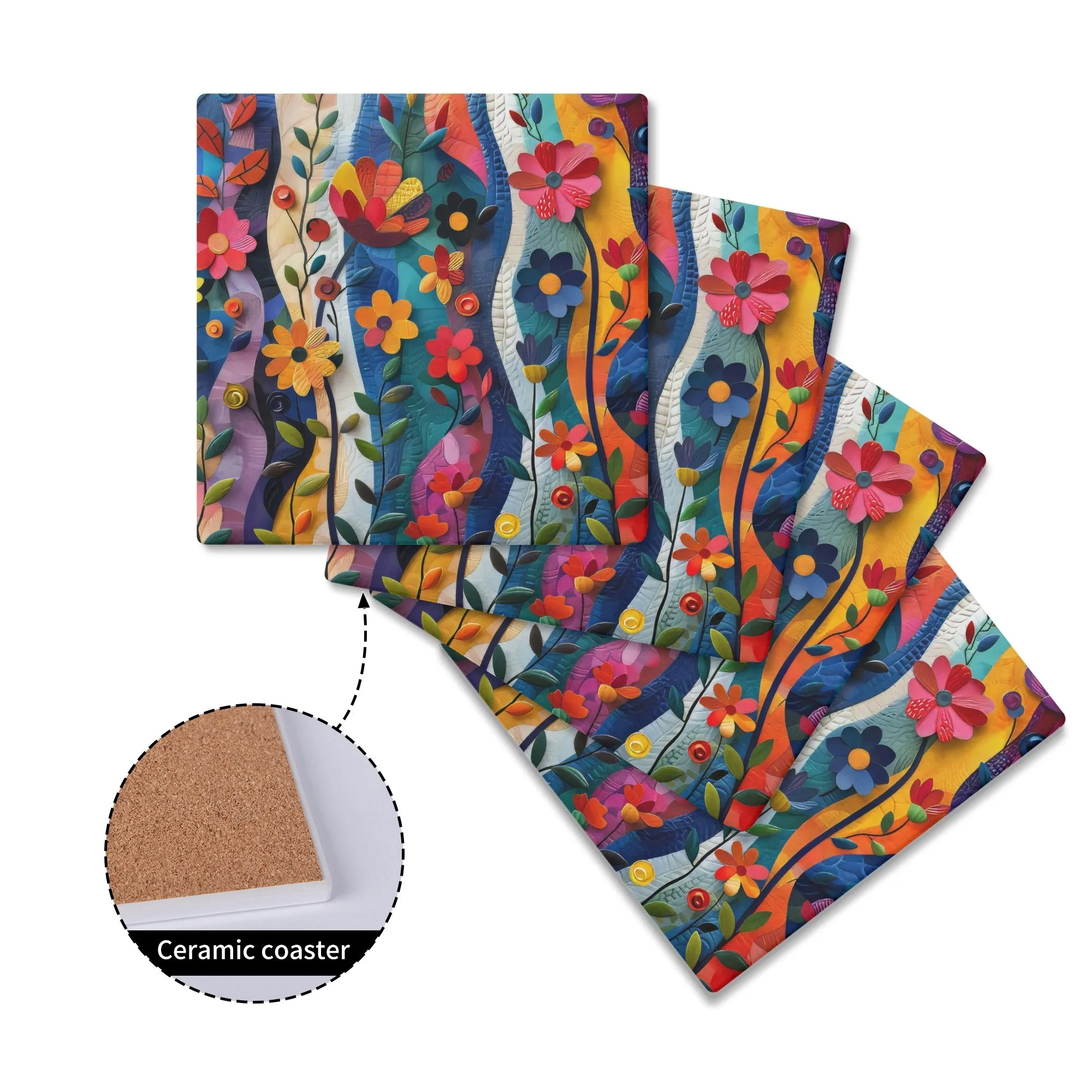 Vibrant Flower Garden in 3d Abstract Design Square Ceramic Coasters - Set of 4