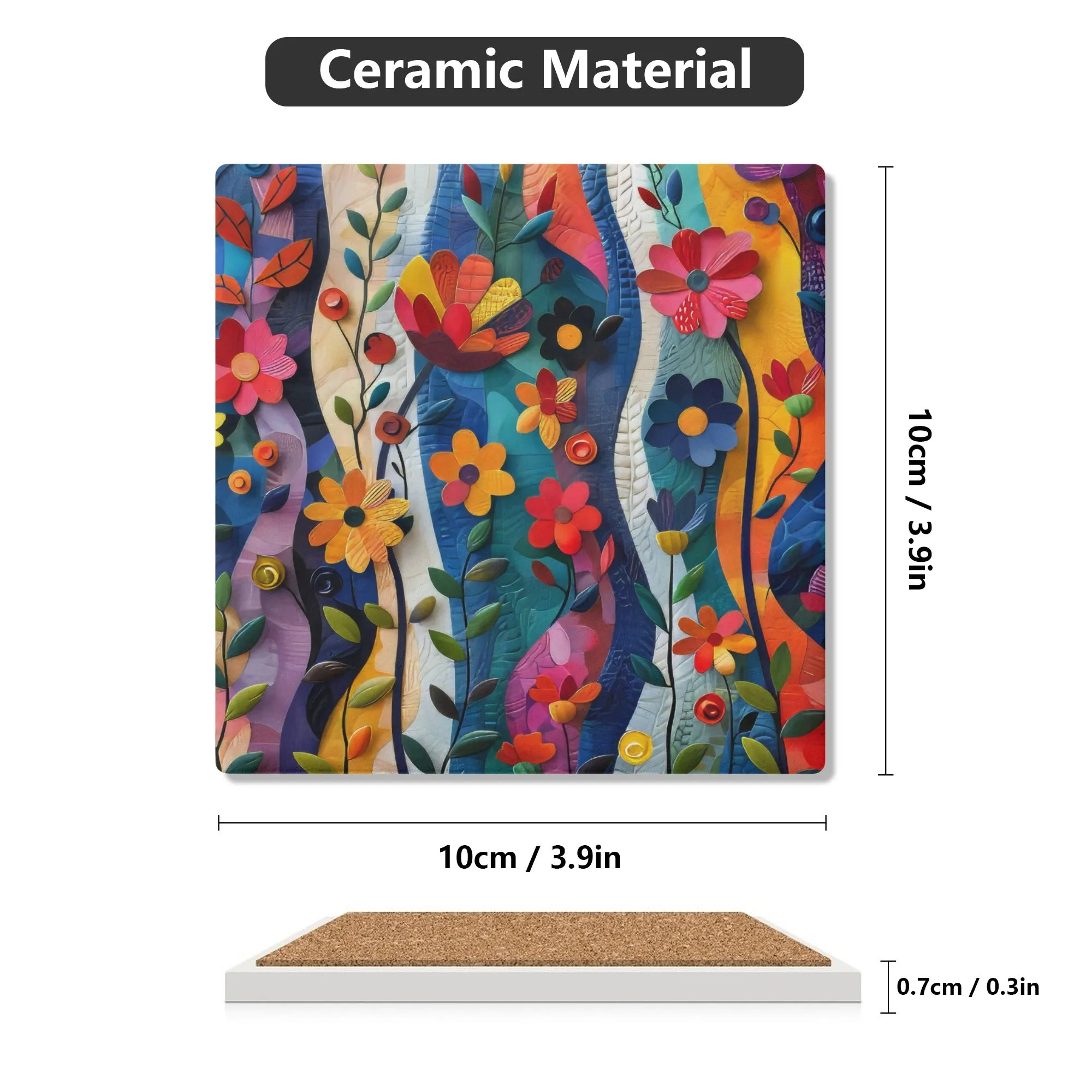 Vibrant Flower Garden in 3d Abstract Design Square Ceramic Coasters - Set of 4