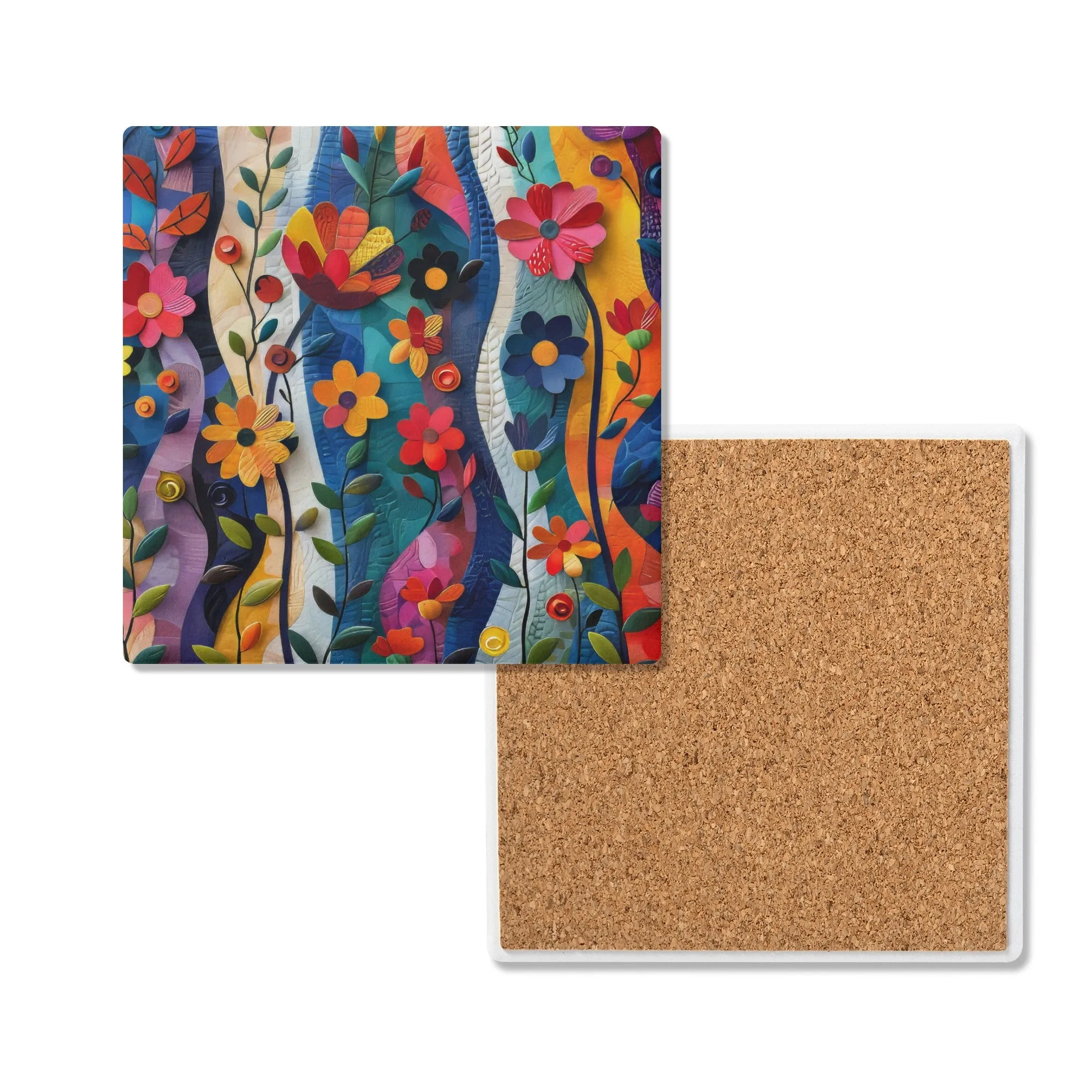 Vibrant Flower Garden in 3d Abstract Design Square Ceramic Coasters - Set of 4