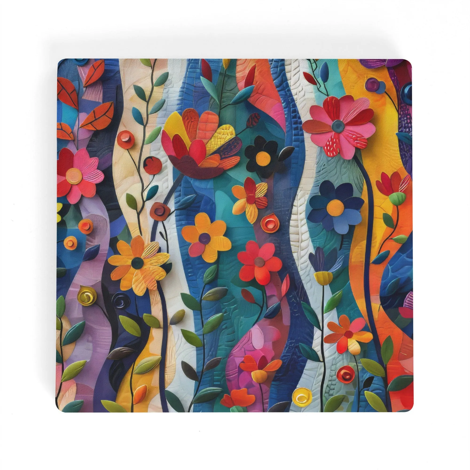 Vibrant Flower Garden in 3d Abstract Design Square Ceramic Coasters - Set of 4