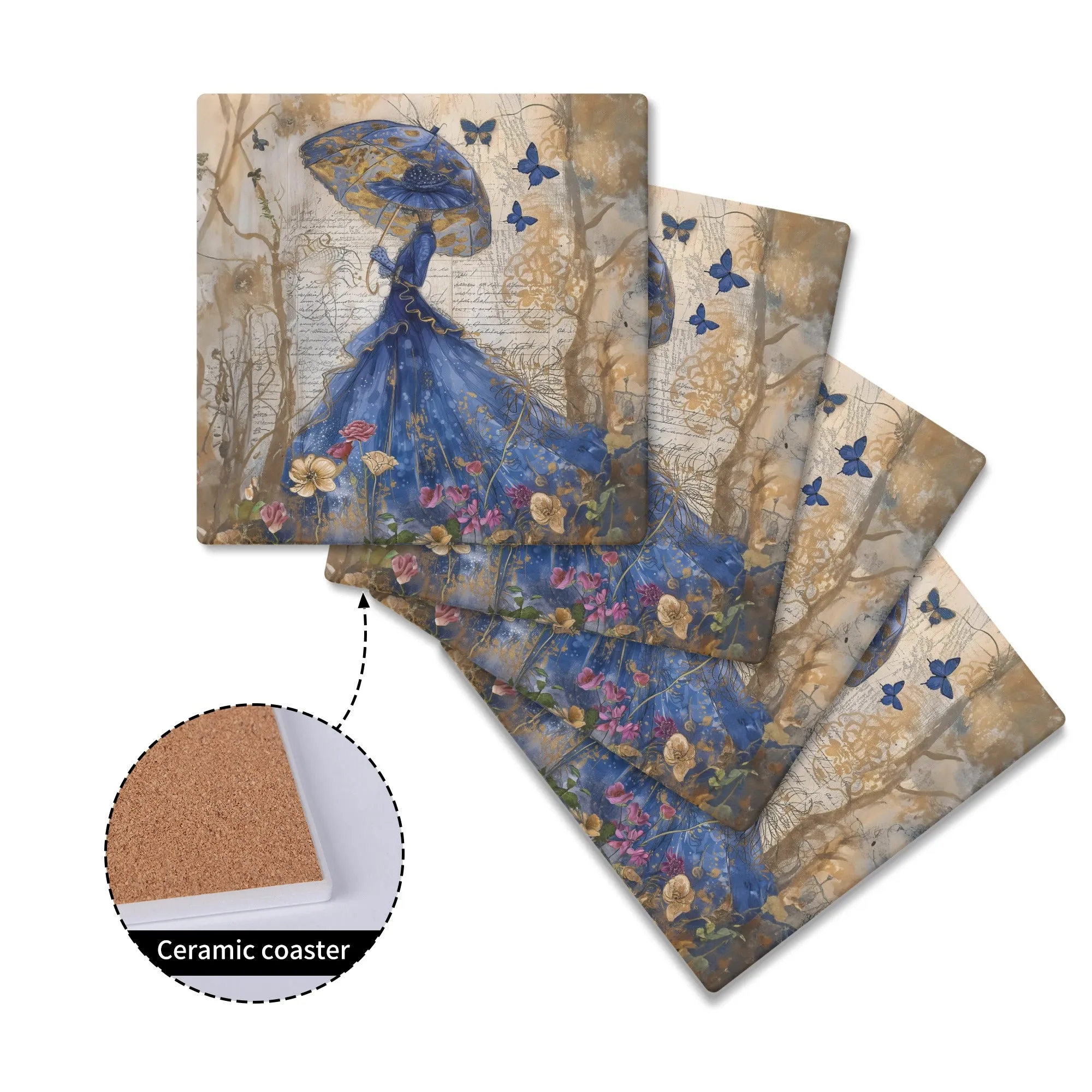Victorian Splendor of a Women in Blue Hats & Dresses, Graced by Blue Butterflies in a Vintage Flower Garden Square Ceramic Coasters - Set of 4