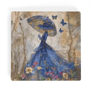Victorian Splendor of a Women in Blue Hats & Dresses, Graced by Blue Butterflies in a Vintage Flower Garden Square Ceramic Coasters - Set of 4