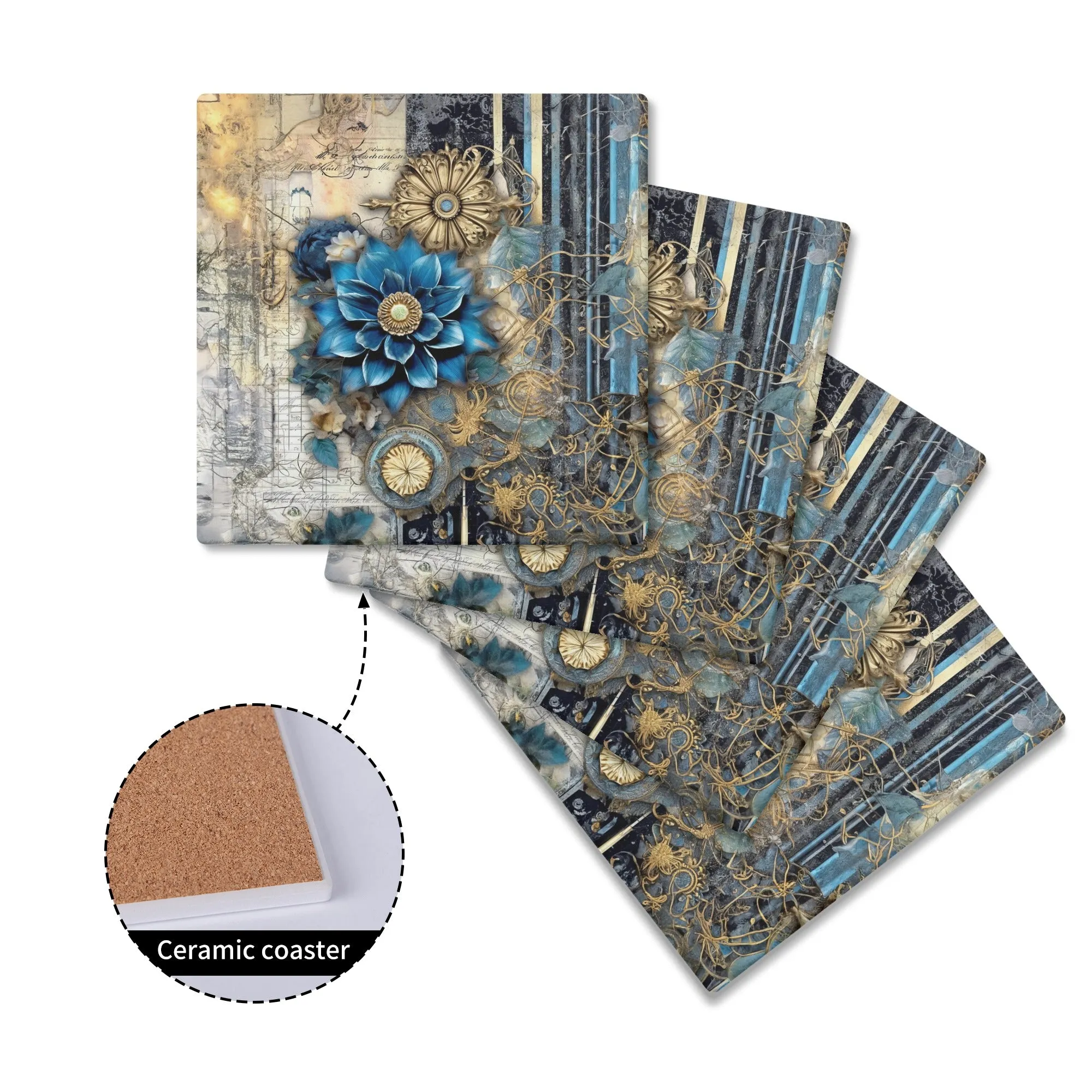 Vintage Blue and Gold Flowers Square Ceramic Coasters - Set of 4
