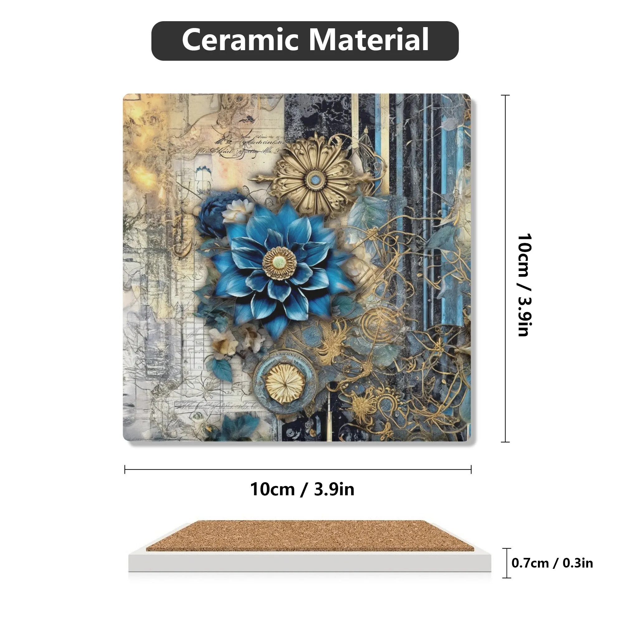 Vintage Blue and Gold Flowers Square Ceramic Coasters - Set of 4