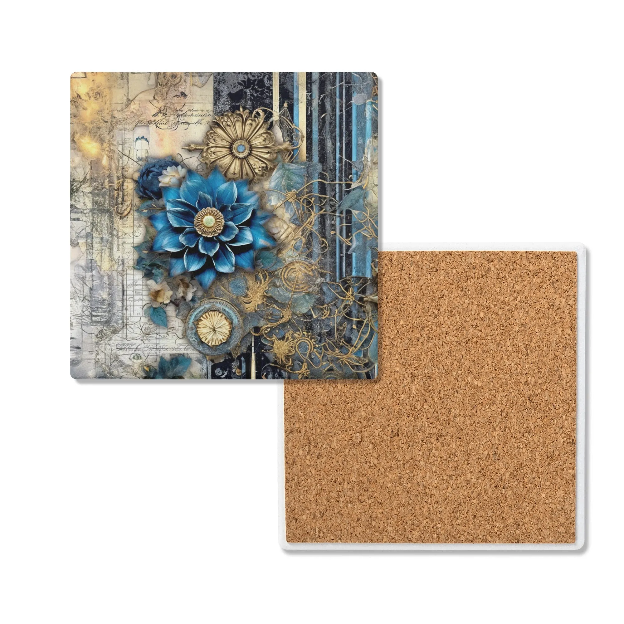 Vintage Blue and Gold Flowers Square Ceramic Coasters - Set of 4