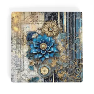 Vintage Blue and Gold Flowers Square Ceramic Coasters - Set of 4