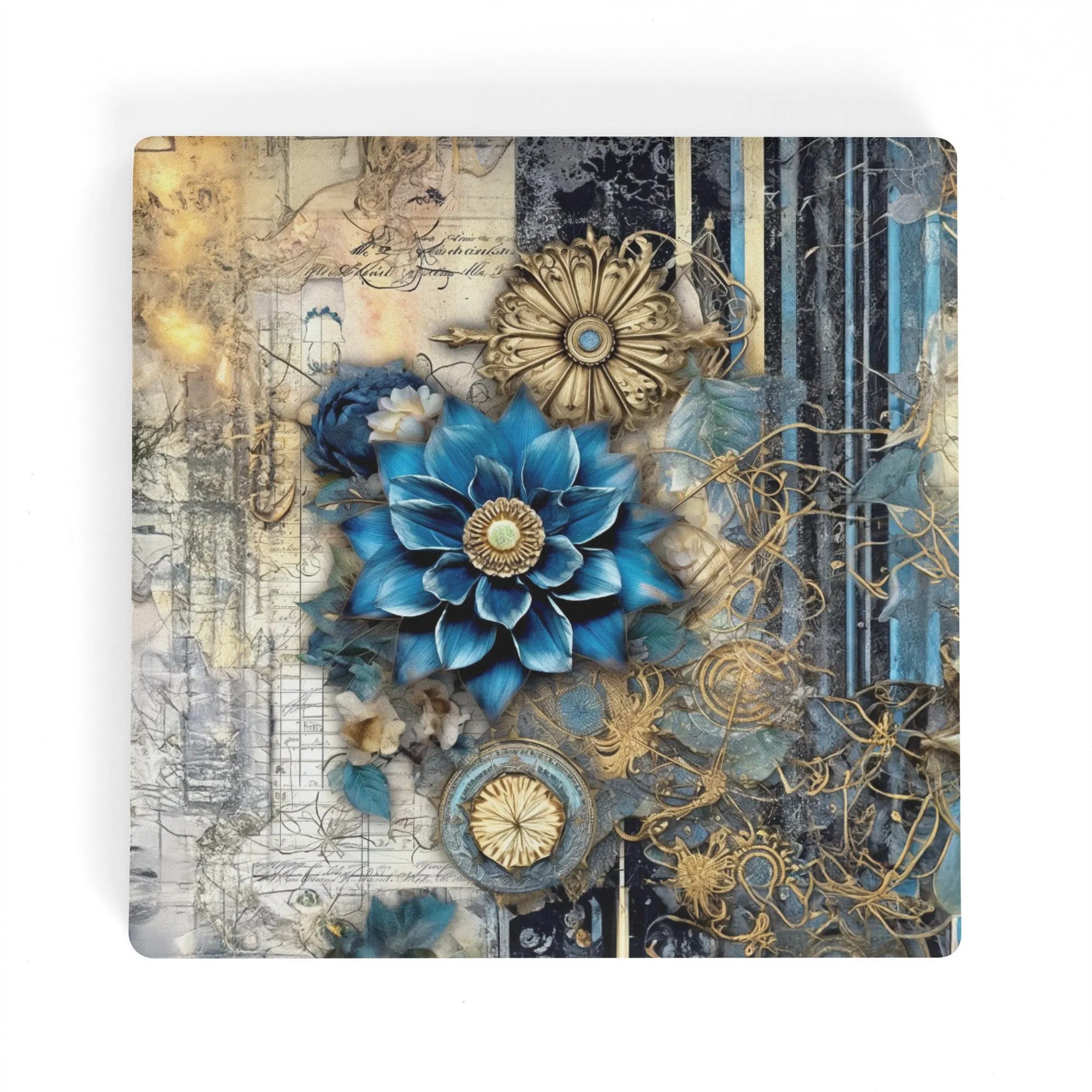 Vintage Blue and Gold Flowers Square Ceramic Coasters - Set of 4