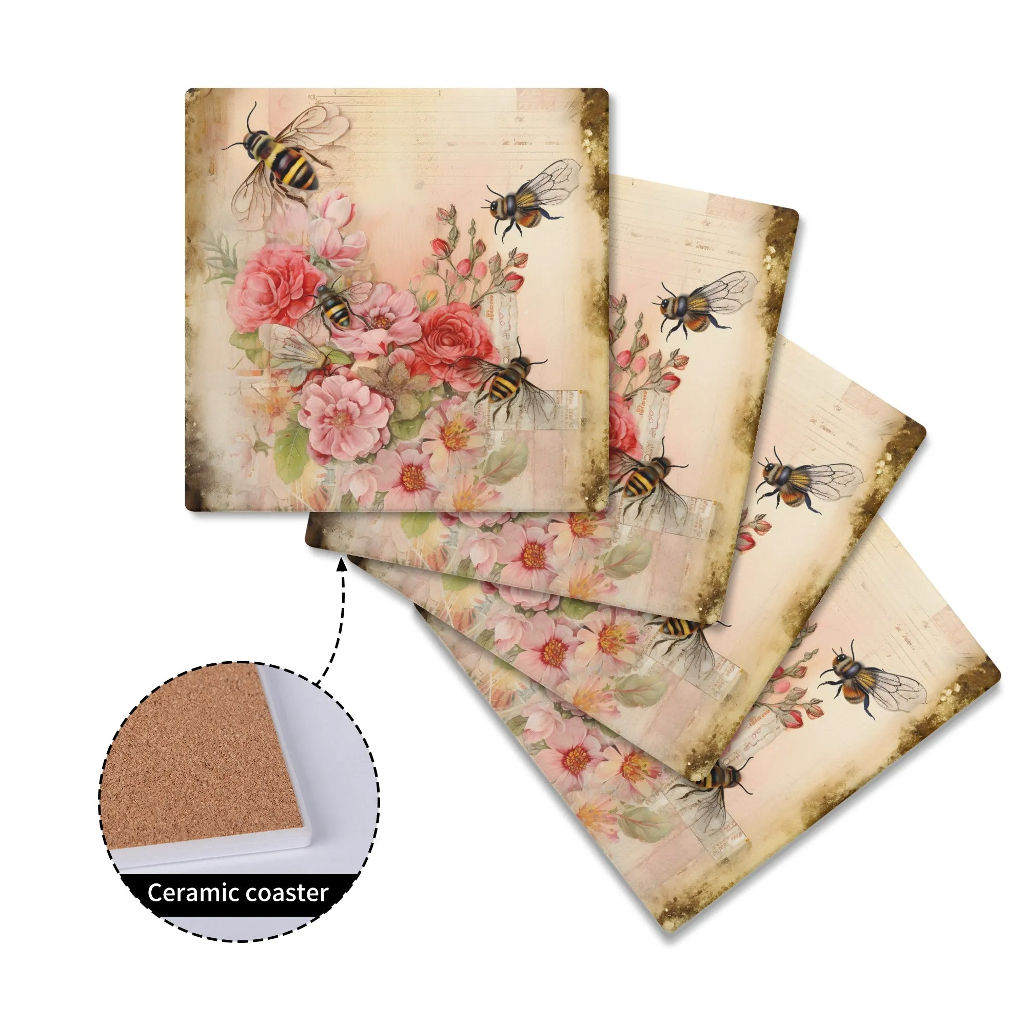 Vintage Flowers and Bees Square Ceramic Coasters - Set of 4