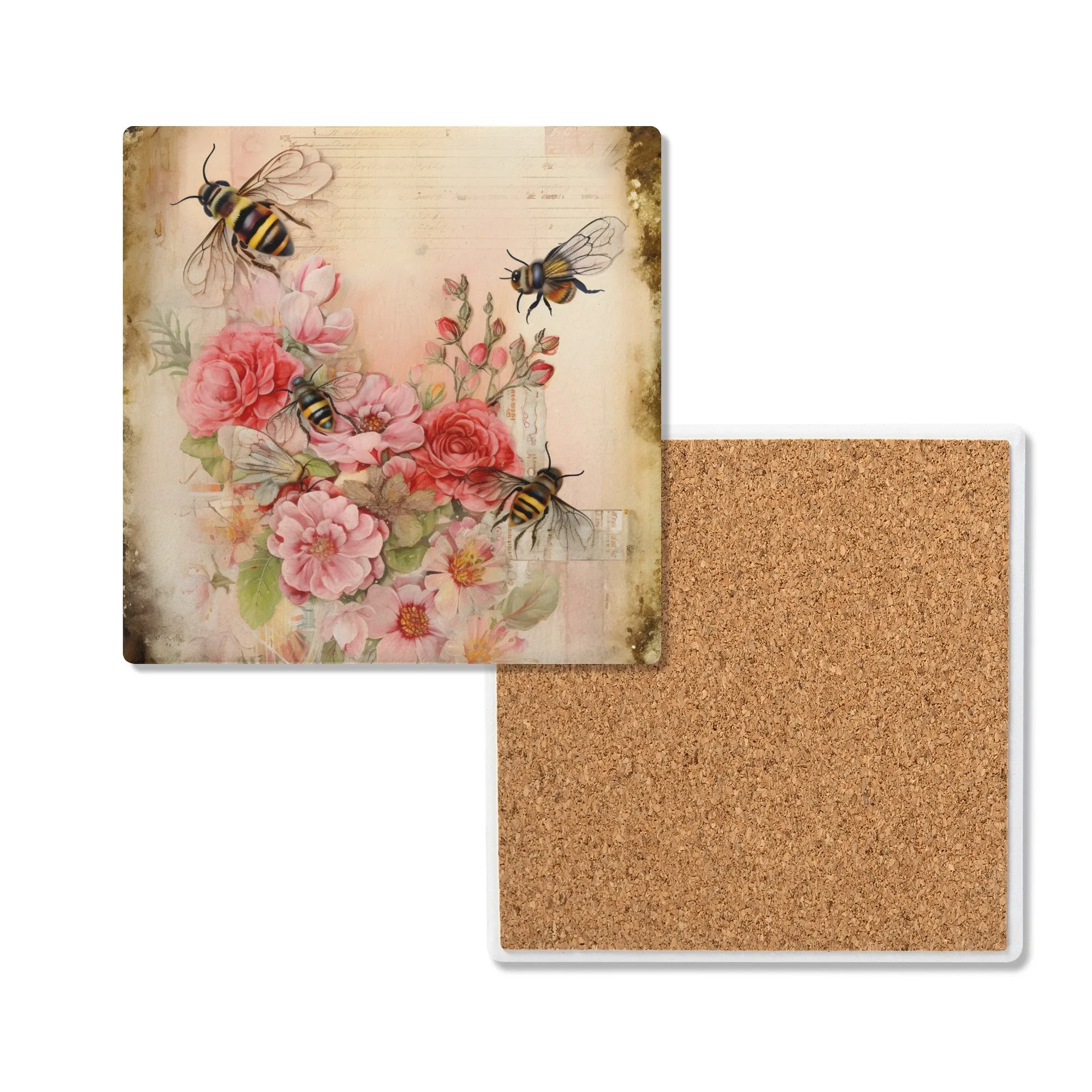 Vintage Flowers and Bees Square Ceramic Coasters - Set of 4