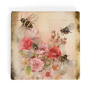 Vintage Flowers and Bees Square Ceramic Coasters - Set of 4