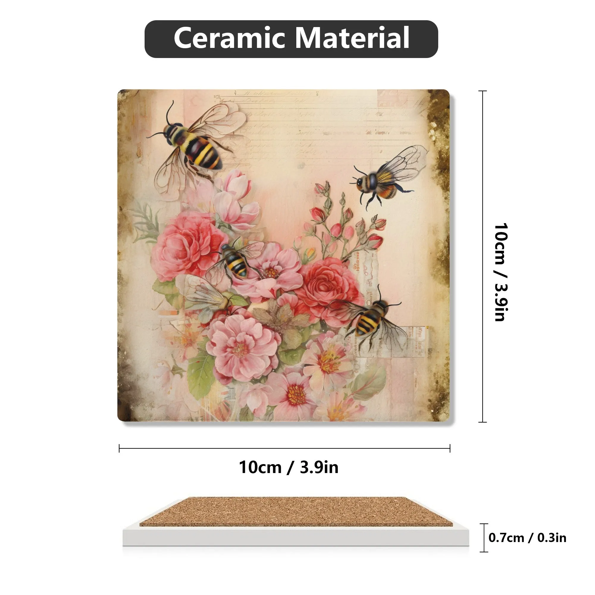 Vintage Flowers and Bees Square Ceramic Coasters - Set of 4