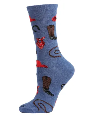 Western Theme Bamboo Blend Crew Socks
