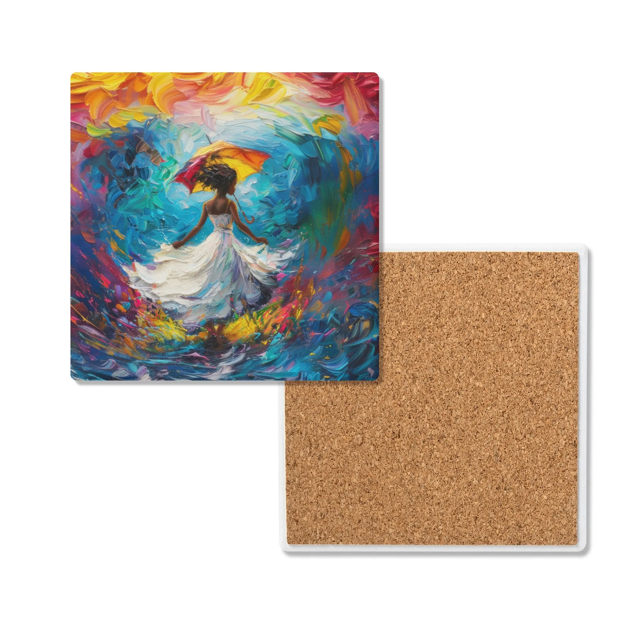 Woman in Flowing White Dress Dancing Amid Vibrant Flames and Cascading Water Square Ceramic Coasters - Set of 4