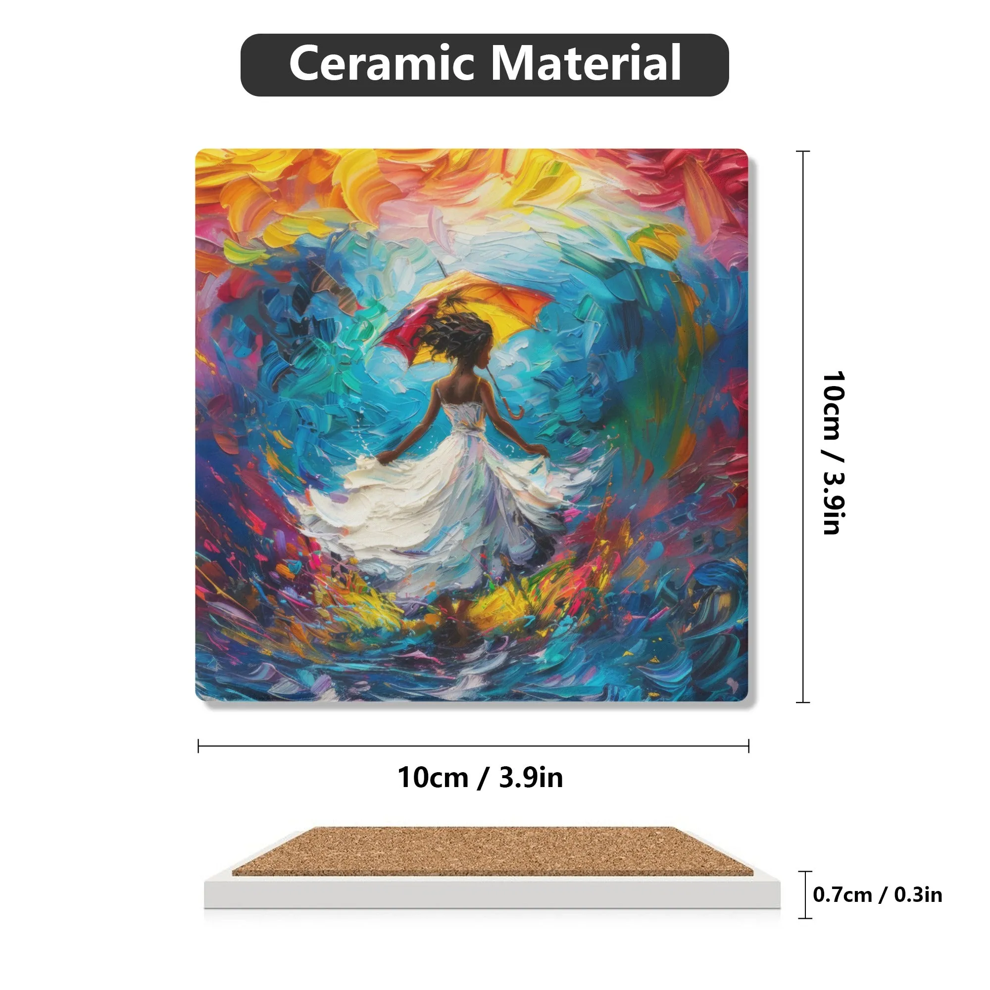 Woman in Flowing White Dress Dancing Amid Vibrant Flames and Cascading Water Square Ceramic Coasters - Set of 4