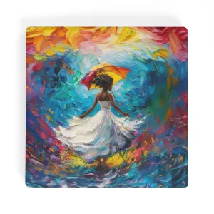 Woman in Flowing White Dress Dancing Amid Vibrant Flames and Cascading Water Square Ceramic Coasters - Set of 4