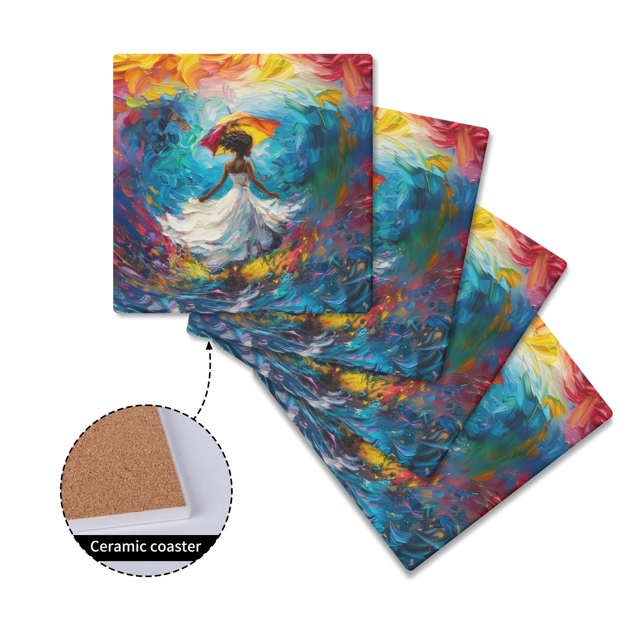 Woman in Flowing White Dress Dancing Amid Vibrant Flames and Cascading Water Square Ceramic Coasters - Set of 4