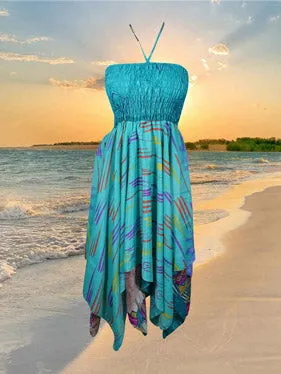 Womens Boho Beach Dress, Halter Dresses, Printed Blue Recycled Silk Dress S/M