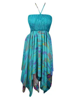 Womens Boho Beach Dress, Halter Dresses, Printed Blue Recycled Silk Dress S/M