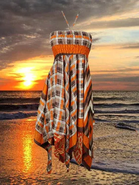 Womens Boho Sundress Orange Brown Hilow Dress S/M