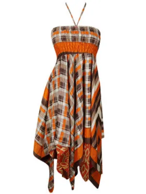Womens Boho Sundress Orange Brown Hilow Dress S/M