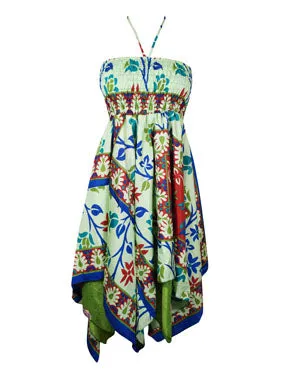 Women's Ibiza Dress Green Blue Printed Sundress S/M